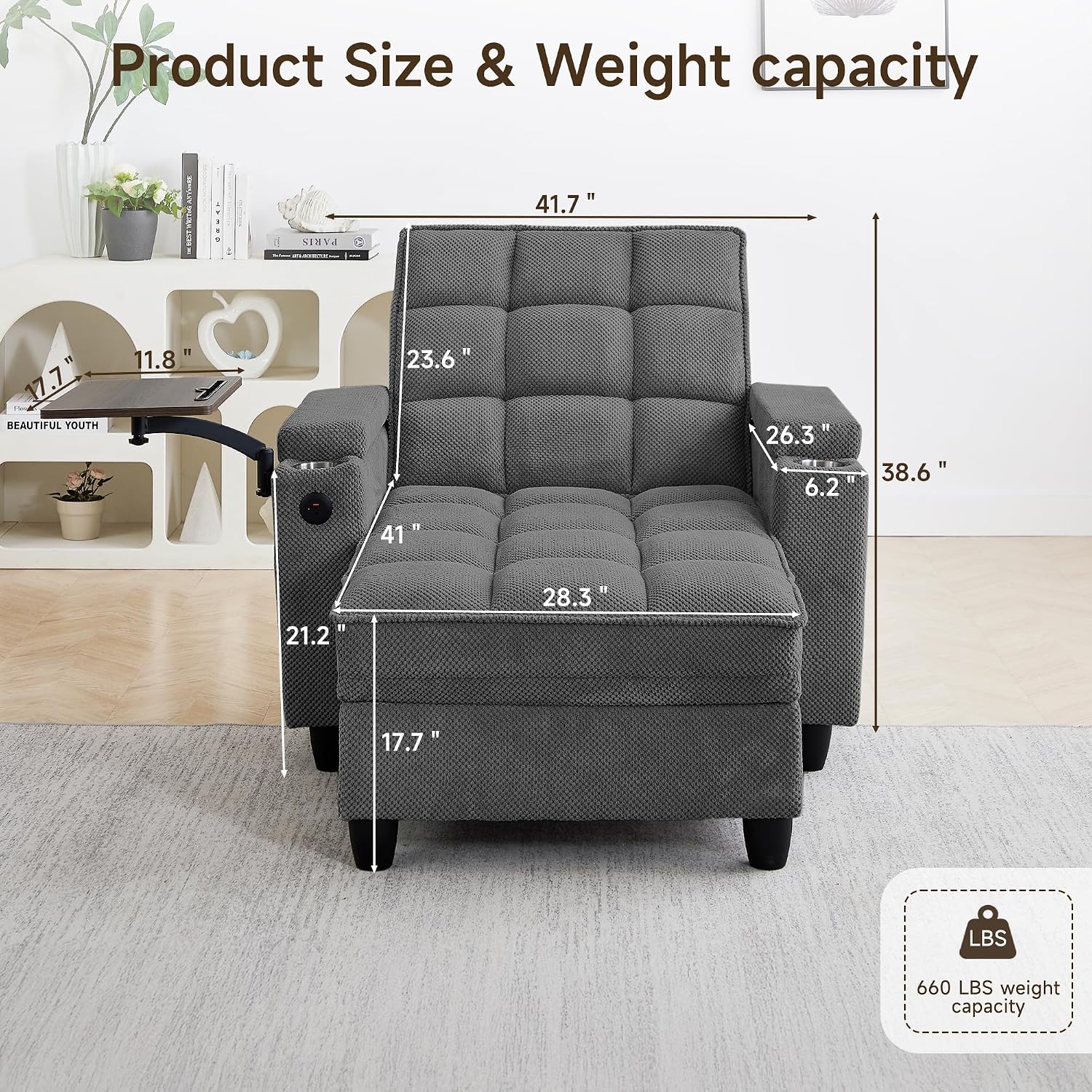 oaaktu Single Modern Comfy Upholstered Chaise Lounge Sofa Chair with Rotating Side Table,Storage,Pillow,USB Charging Ports and Adjustable Backrest Perfect for Living Room, Small Spaces (Dark Gray)