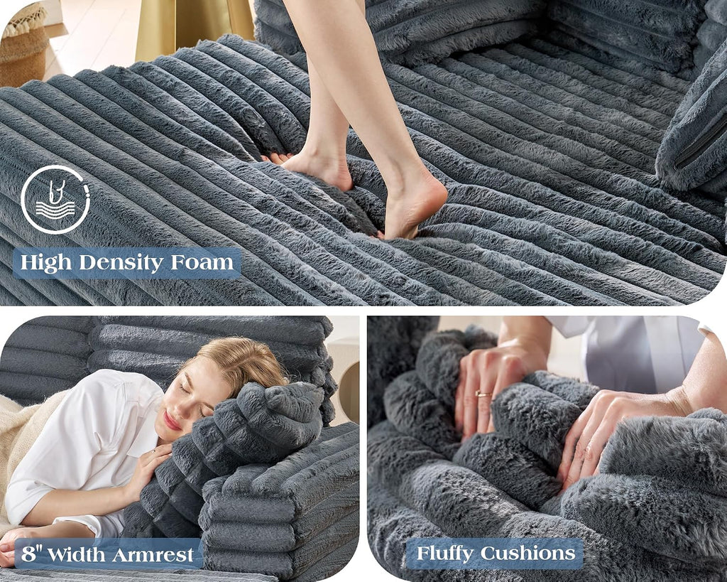 VanAcc 58-Inch Plush Chaise Lounge, Complete with Cozy Throw Pillows, Upholstered Sofa Bed with Armrests, Faux Fur Chair Bed for Living Room, Dark Grey