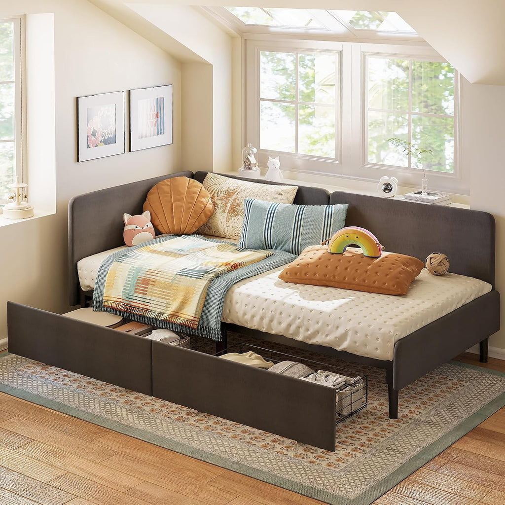LIKIMIO Twin Daybed with Headboard, Corner Bed Frame with Storage Drawers and Bed Rails, Solid Wood Support for Small Spaces, Guest Room, Dark Gray