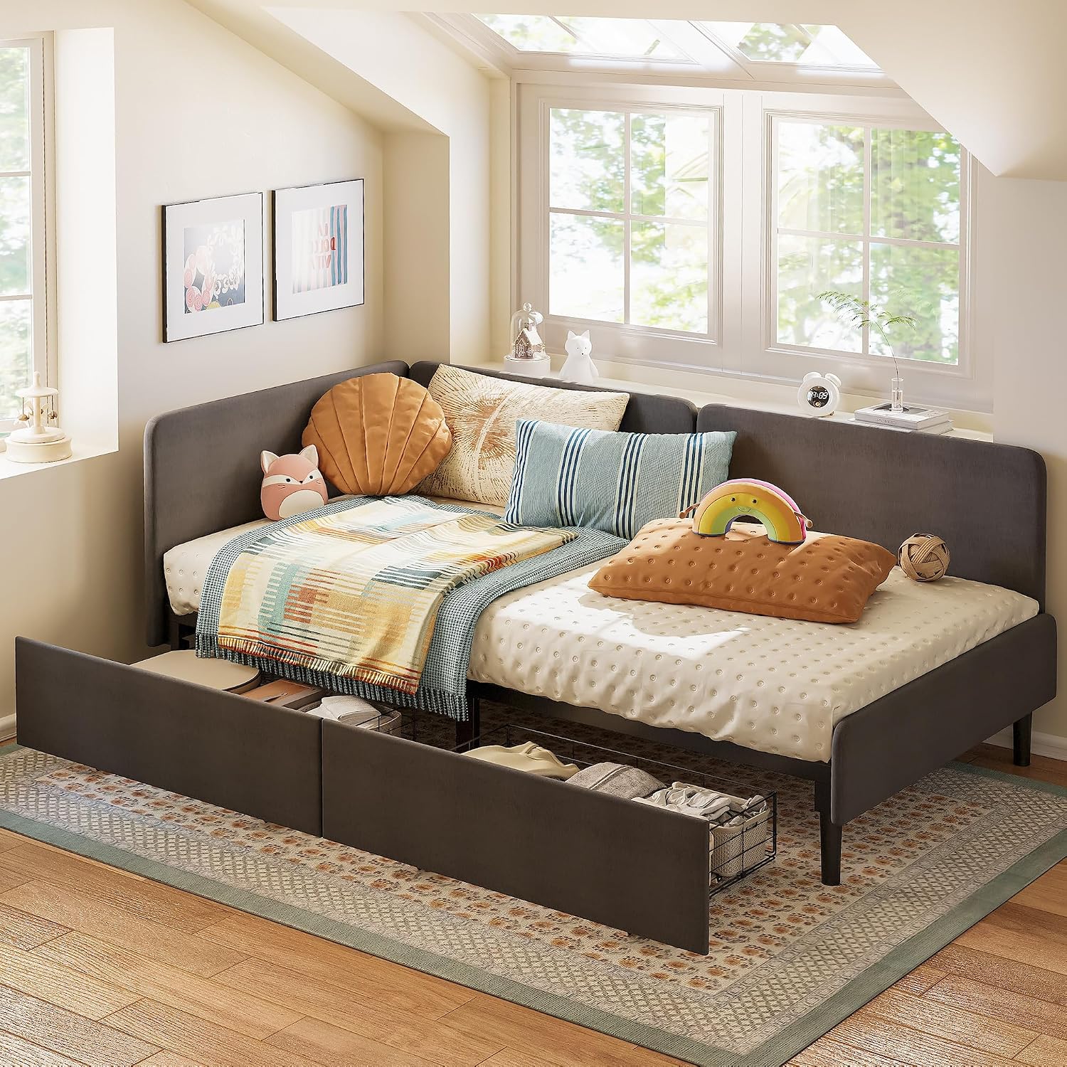 LIKIMIO Twin Daybed with Headboard, Corner Bed Frame with Storage Drawers and Bed Rails, Solid Wood Support for Small Spaces, Guest Room, Dark Gray