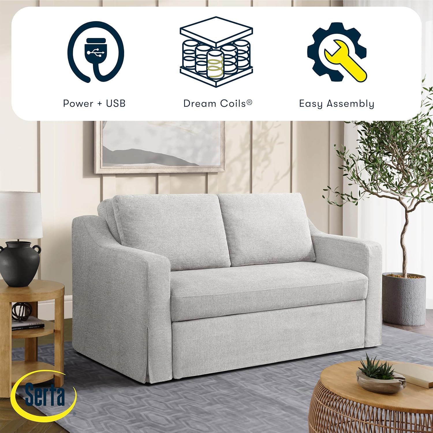 Serta Hawthorne 66.1' Slipcovered Convertible Sleeper Loveseat, Full Size, Dreamcoil Comfort, FingerGuard Pinch Point Protection, Polyester Tweed Fabric, Linen