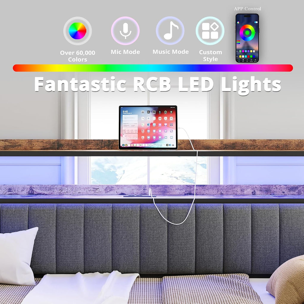 ANCTOR Daybed with Trundle, LED Lights and Charging Station, Twin Size Daybed with 2-Tier Storage Shelves and Upholstered Headboard, Metal Sofa Bed Frame for Living Room, Bedroom, Black