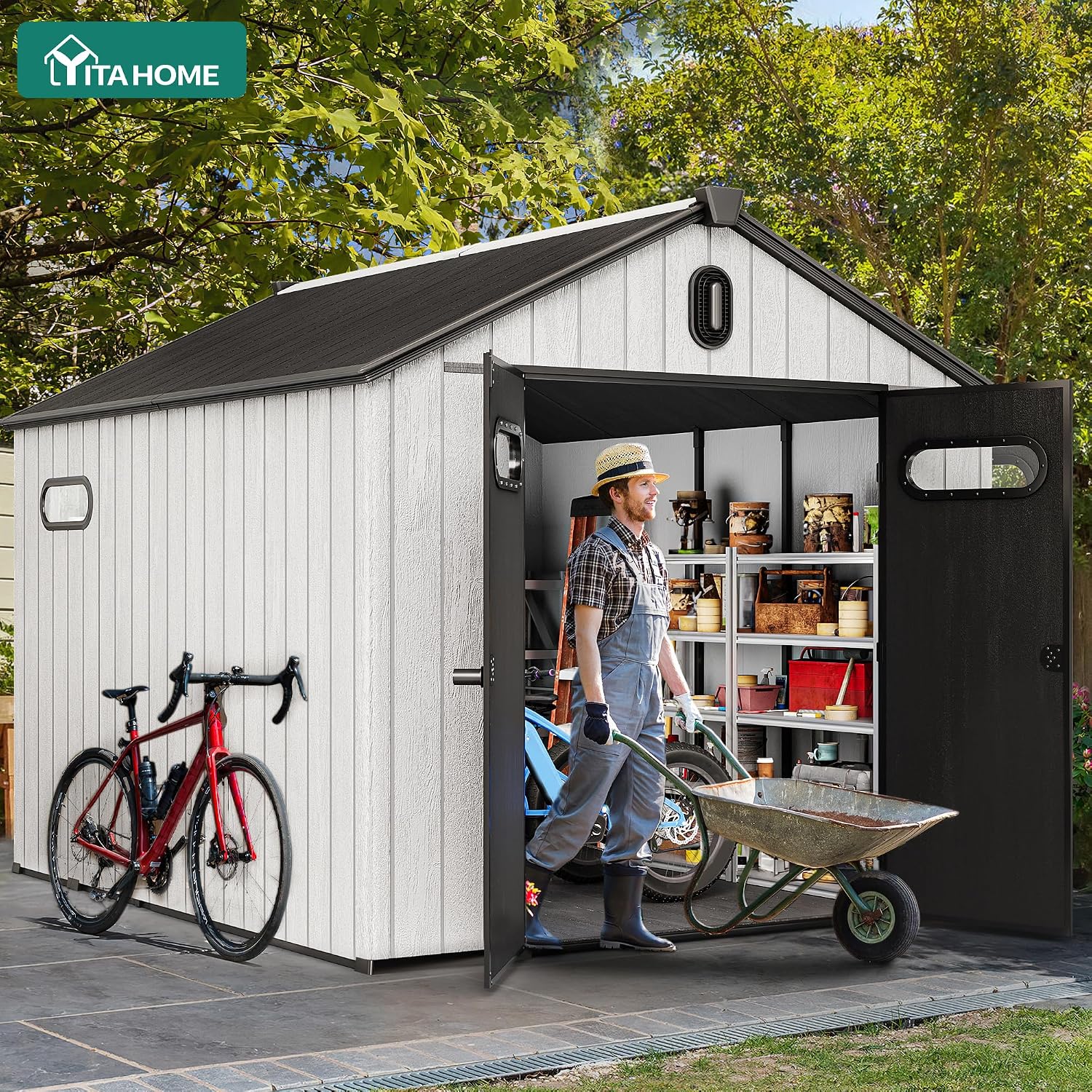 YITAHOME 8x10ft Resin Storage Shed, Extra Thick Outdoor Plastic Garden Storage Unit with Oval Vision Windows & Lockable Doors, 16mm Heavy Duty Waterproof Tool Sheds with Floor for Lawn Equipment, Gray
