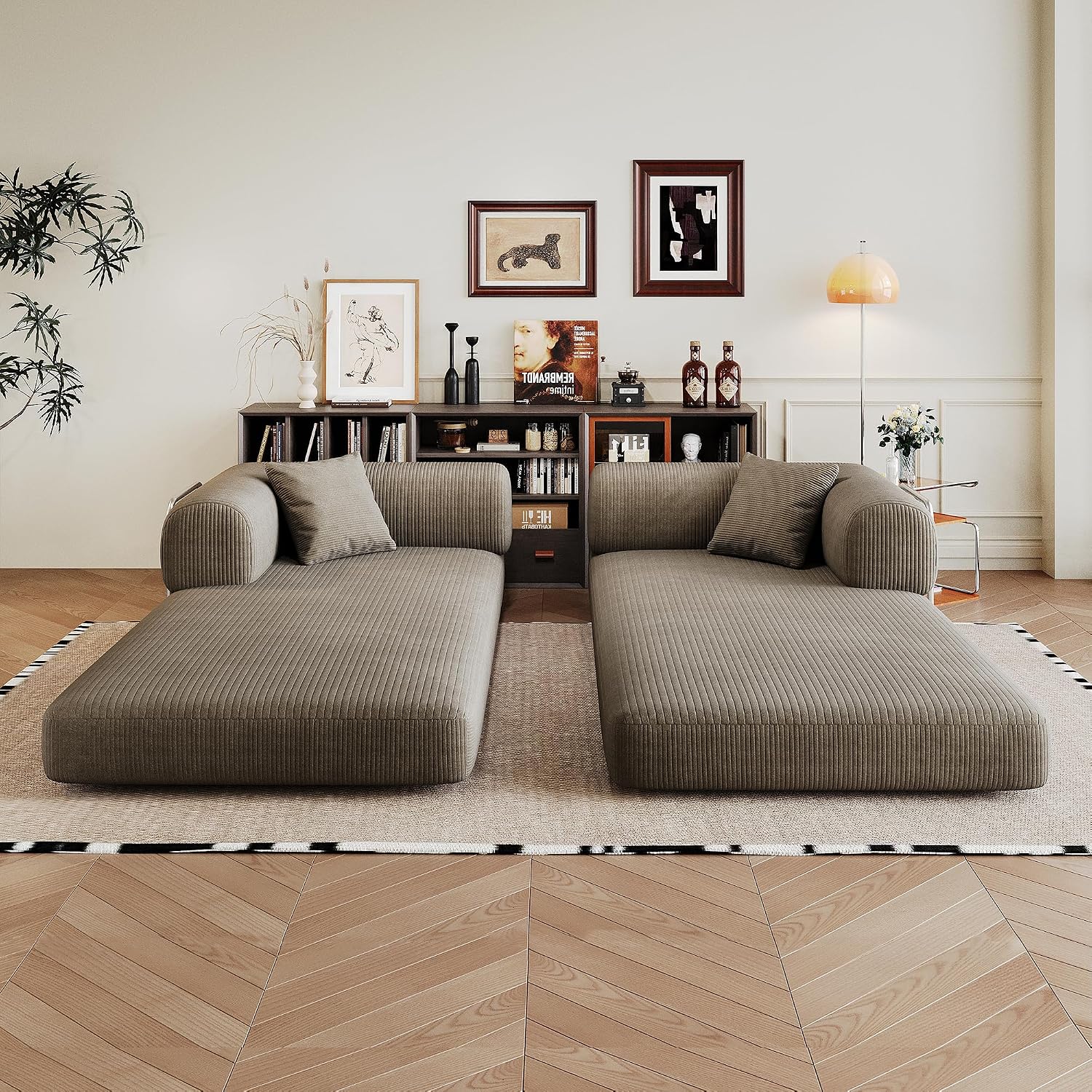 79' Convertible Sofa Bed, Corduroy Folding Pull Out Couch with Pillows, No Assembly Modern Boneless Couch Compression Sofa in Box, Floor Sofa with Support Rods for Living Room,Camel