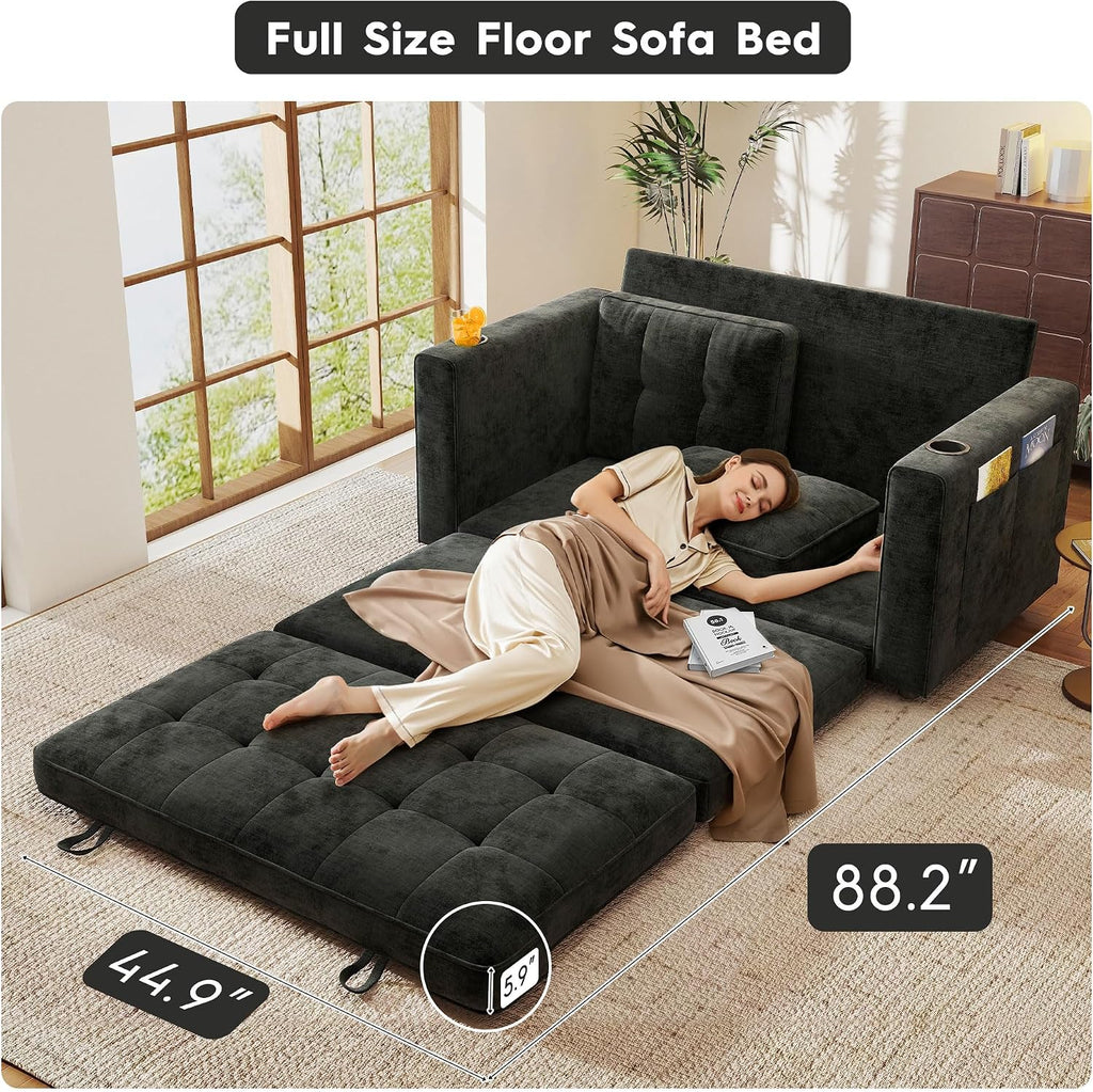 55' Convertible Folding Sofa Bed, Pull Out Couch Love Seat Sleeper Bed, Small Fold Out Loveseat Sleeper with Cup Holder and Pillow for Small Space, Bedroom Lounge, Dorm, Living Room(Black Chenille)