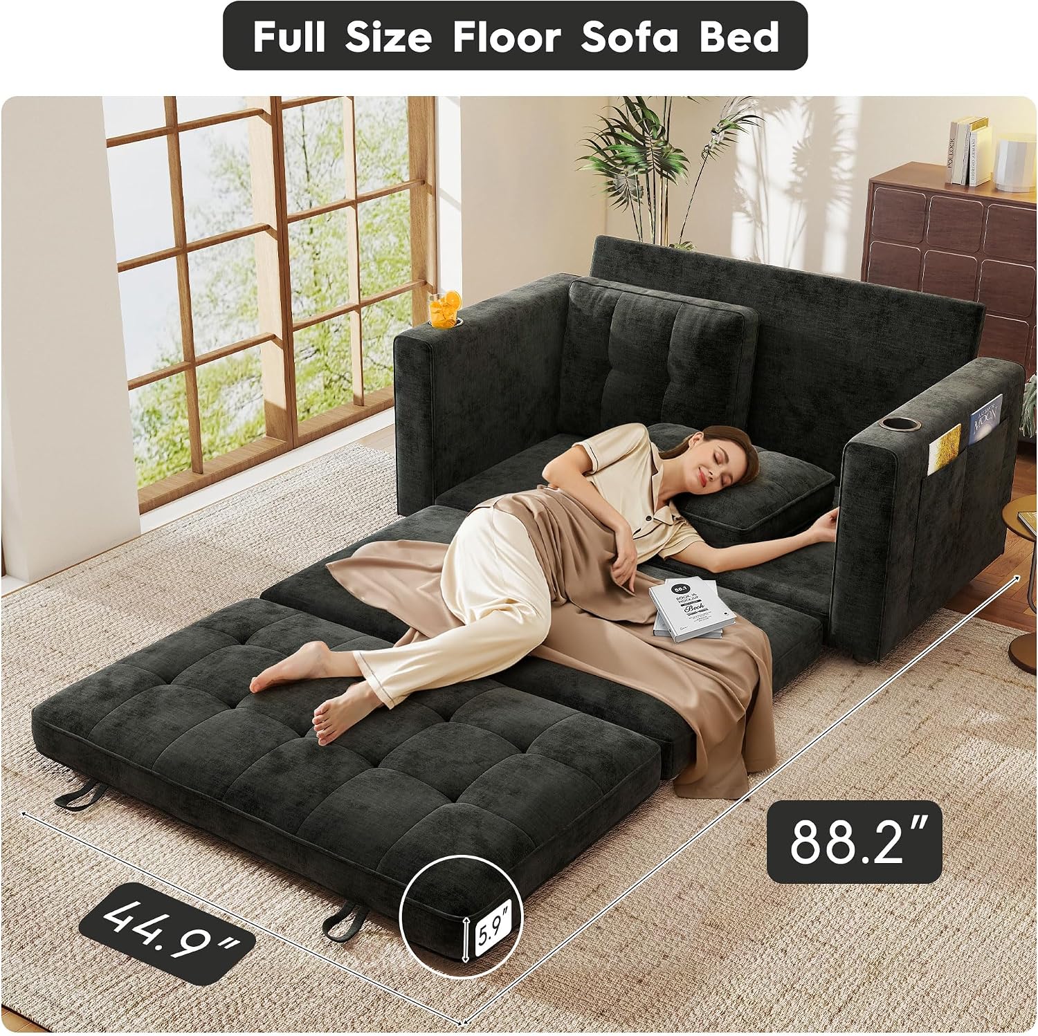 55' Convertible Folding Sofa Bed, Pull Out Couch Love Seat Sleeper Bed, Small Fold Out Loveseat Sleeper with Cup Holder and Pillow for Small Space, Bedroom Lounge, Dorm, Living Room(Black Chenille)