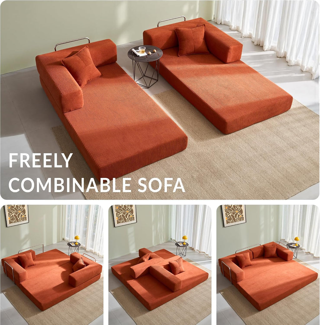 Compression Sofa - 78''Convertible Floor Sofa Bed - with Pillow Back Support Armrest - Comfy Foldable Sofa Bed Compressed Sofa in Box - Corduroy Fabric - for Living Room Bedroom(Orange)