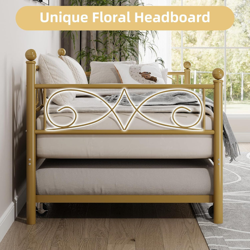 IDEALHOUSE Twin Daybed with Trundle, Metal Trundle Bed, Sofa Bed Frame, Heavy Duty Metal Slats, for Living Room, Bedroom, Guest Room, Space Saving, Gold