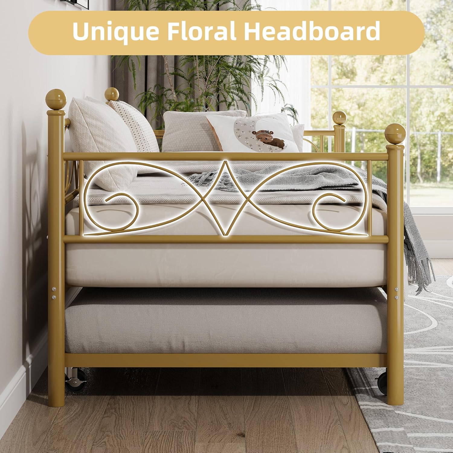 IDEALHOUSE Twin Daybed with Trundle, Metal Trundle Bed, Sofa Bed Frame, Heavy Duty Metal Slats, for Living Room, Bedroom, Guest Room, Space Saving, Gold