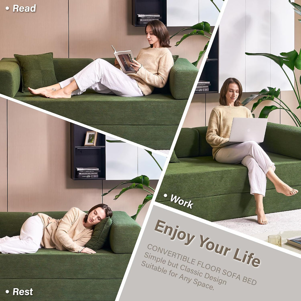 YINIX Foldable Sofa Bed, 78'' Folding Floor Couch, Compressed Convertable Sleeper Sofa, Memory Foam Couch with Pillow Back Support Armrest, 4-in-1 Futon Sofa Bed for Living Room, Green