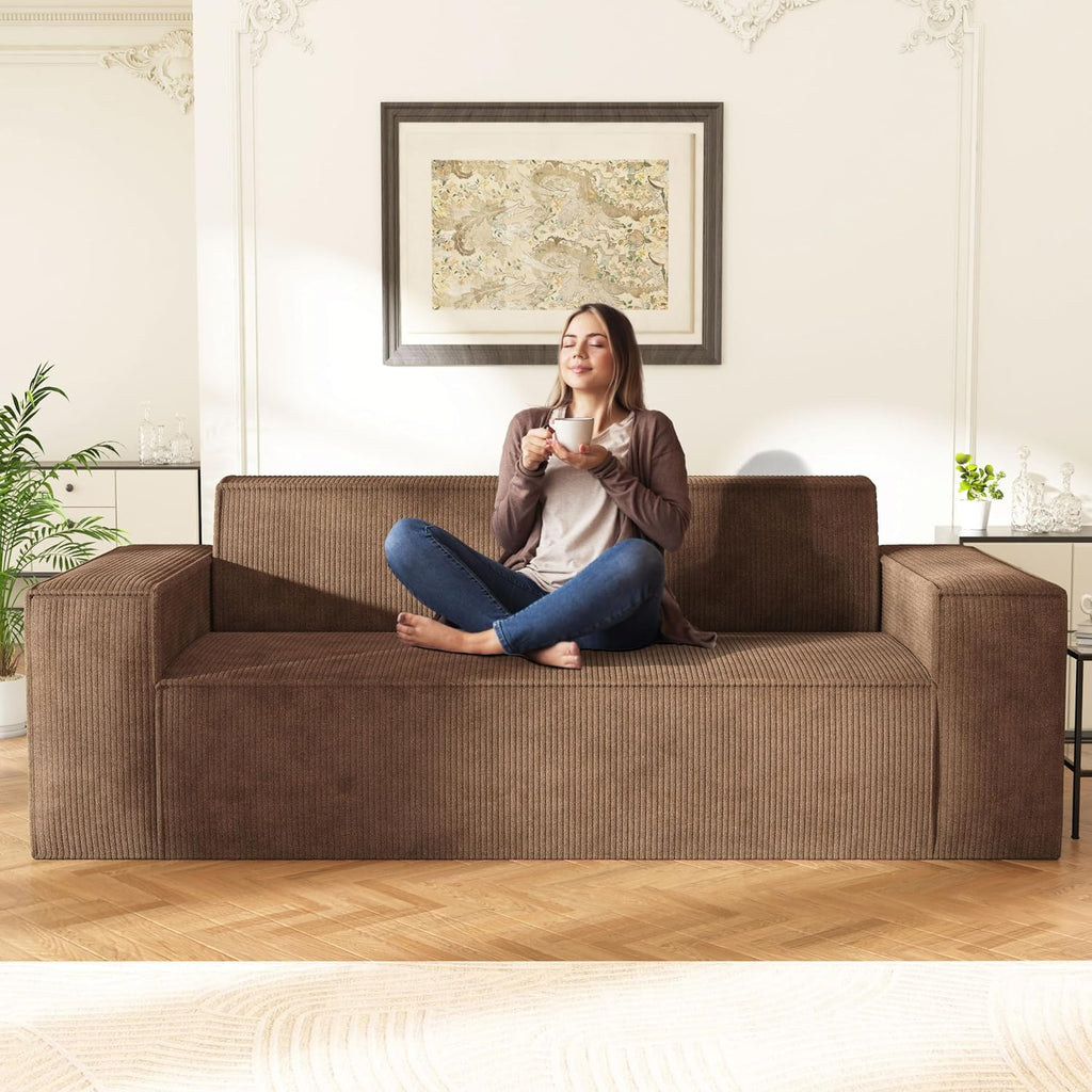 Swbvs Sofa-in-a-Box, Memory Foam 3-Seater Couch, No Installation & Easy to Transport, Deep Seat Modern Sofa with Corduroy Fabric, Couch for Living Room, Bedroom, Apartment, Home Office, Brown