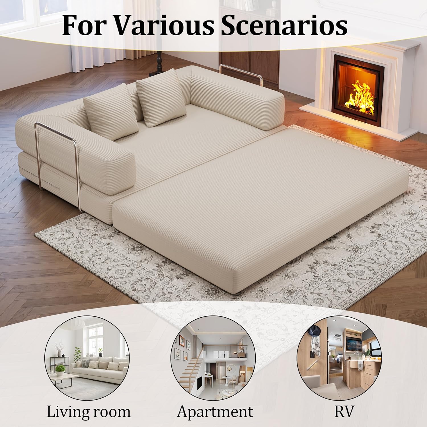4-in-1 Foldable Sofa Bed Teddy Fabric Foam-Filled Compressed Couch, Beds Queen Size Convertible Sofa Couch Loveseat , Boneless Folding Sleeper for Living Room, Guest Bed, Playroom (Beige, 59' 2 Seat)