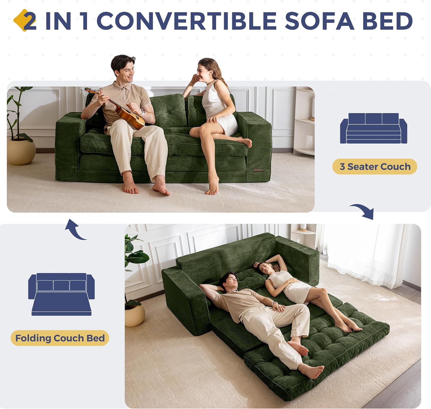 MAXYOYO Convertible Sofa Bed, Pull Out Loveseat Sleeper Sofa, 2 in 1 Folding Couch Bed, Fold Out Floor Couch with Pillows for Living Room Bedroom Lounge, Dark Green