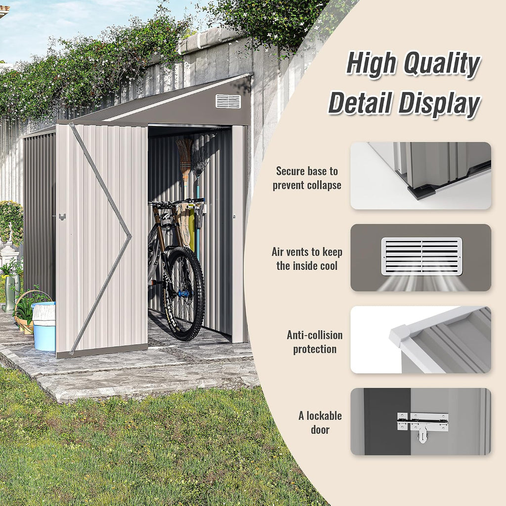 4x8FT Outdoor Lean to Storage Shed, Metal Wall Side Sheds Garden Tool Storage Shed W/Lockable Door and Air Vents, Waterproof Garden Shed Utility Tool for Backyard, Patio, Lawn