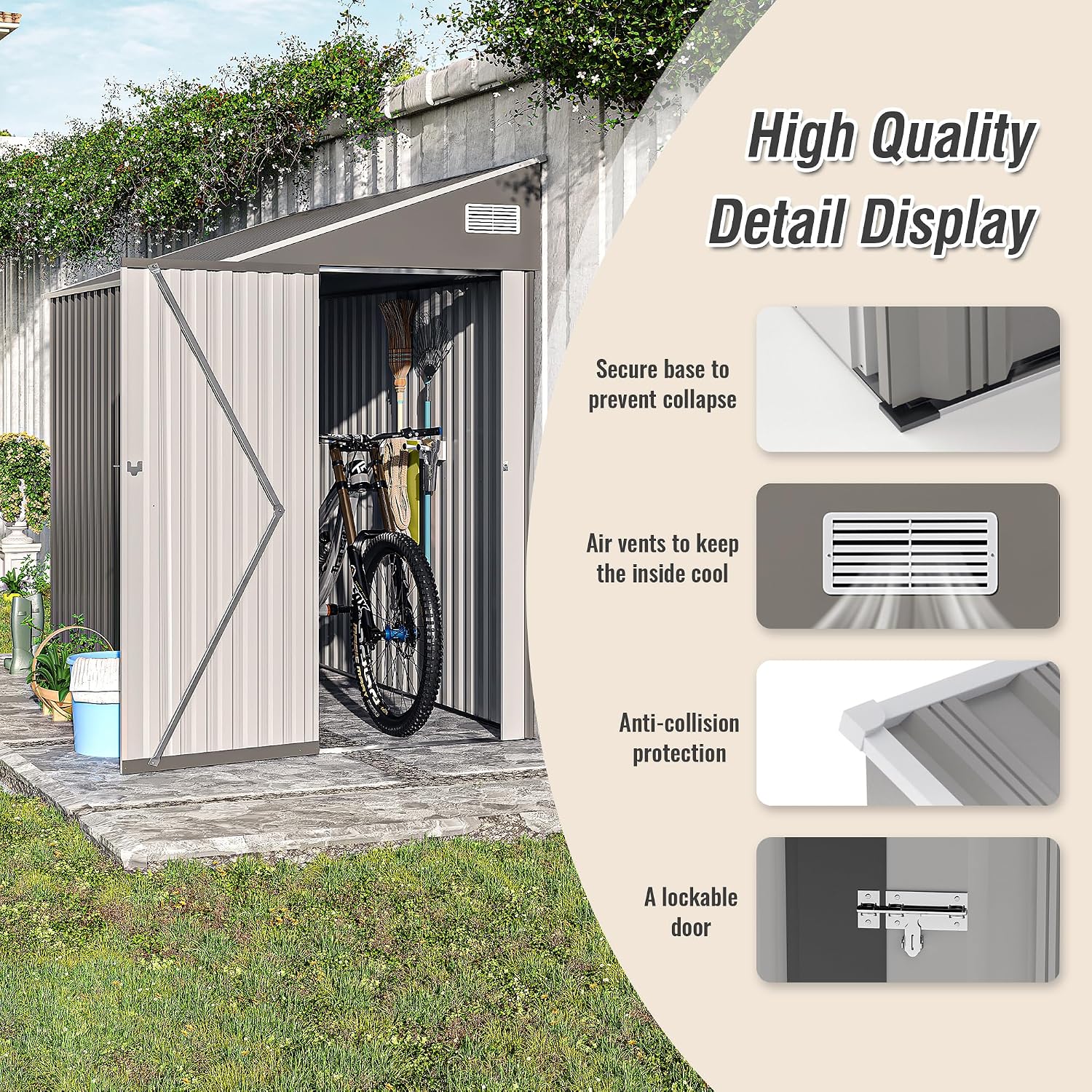 4x8FT Outdoor Lean to Storage Shed, Metal Wall Side Sheds Garden Tool Storage Shed W/Lockable Door and Air Vents, Waterproof Garden Shed Utility Tool for Backyard, Patio, Lawn