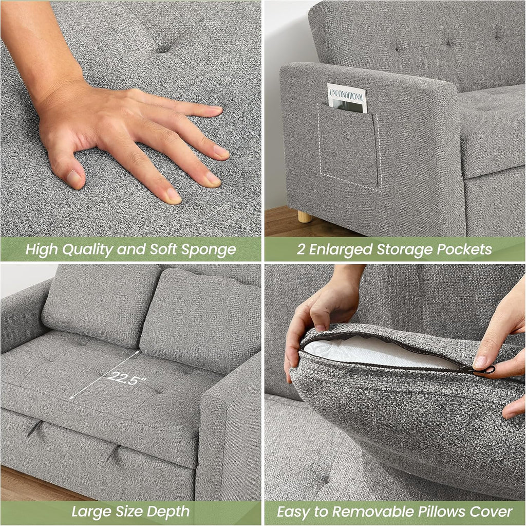 SEJOV Convertible Sofa Bed, 3-in-1 Sleeper Sofa Pull Out Couch Bed, 2-Seater Linen Fabric Loveseat Futon Sofa with Spring Support, Adjustable Backrest for Small Spaces, Living Room, Grey