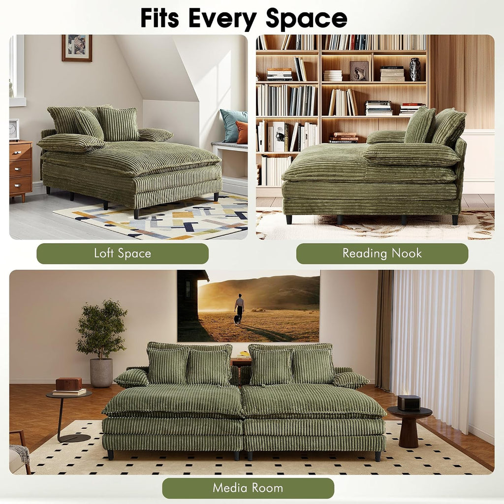 WESTSETLUX 54.8' W Oversized Chaise Lounge Chair Indoor with 5-Position Adjustable Backrest, Corduroy Sleeper Sofa Bed with 3 Pillows, Modern Cloud Couch Chair for Living Room, Bedroom, Green