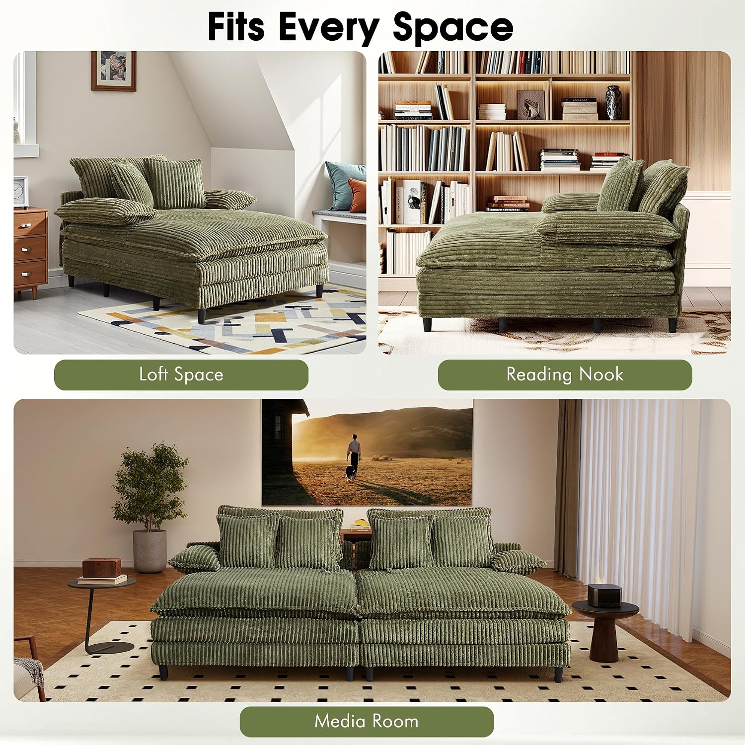 WESTSETLUX 54.8' W Oversized Chaise Lounge Chair Indoor with 5-Position Adjustable Backrest, Corduroy Sleeper Sofa Bed with 3 Pillows, Modern Cloud Couch Chair for Living Room, Bedroom, Green