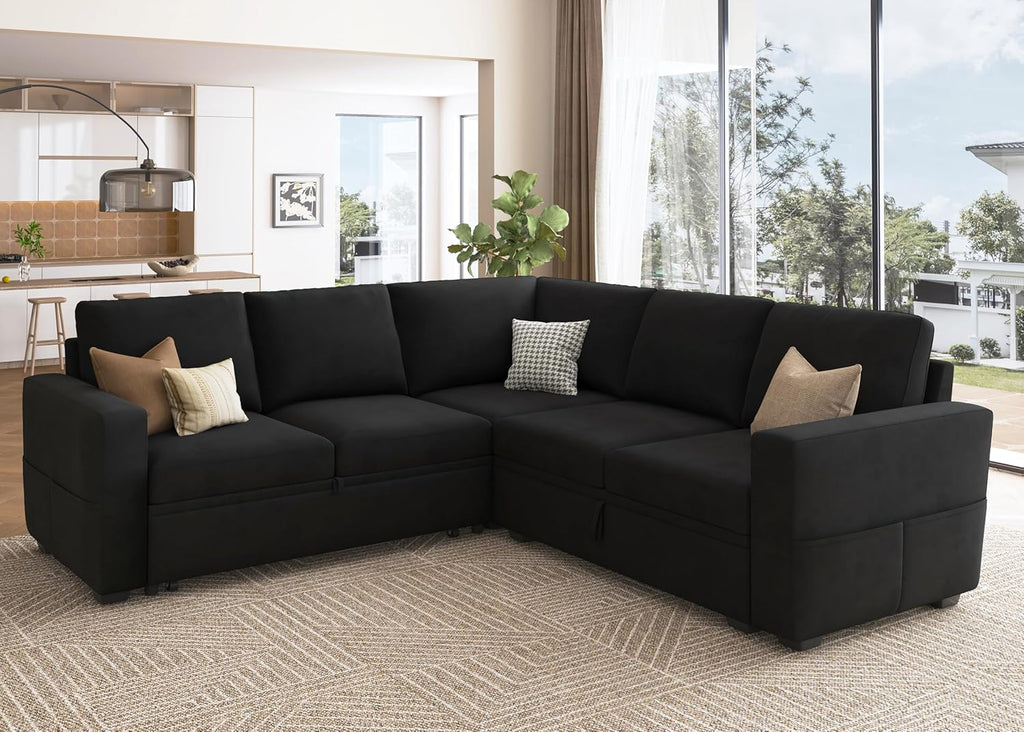 HONBAY Modular Sectional Sleeper Sofa with Pull-Out Bed, Velvet L-Shaped Sofa with Storage Seat, Sectional Sofas for the Living Room, Black