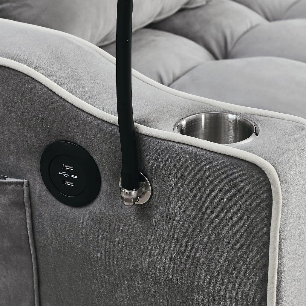 Merax Foldable Sofa Bed with 2 USB Charging Ports, Pull Out Velvet Loveseat Sleeper with Phone Holder, Modern Futon Couch with Cup Holders & Adjustable Backrest for Living Room,Grey