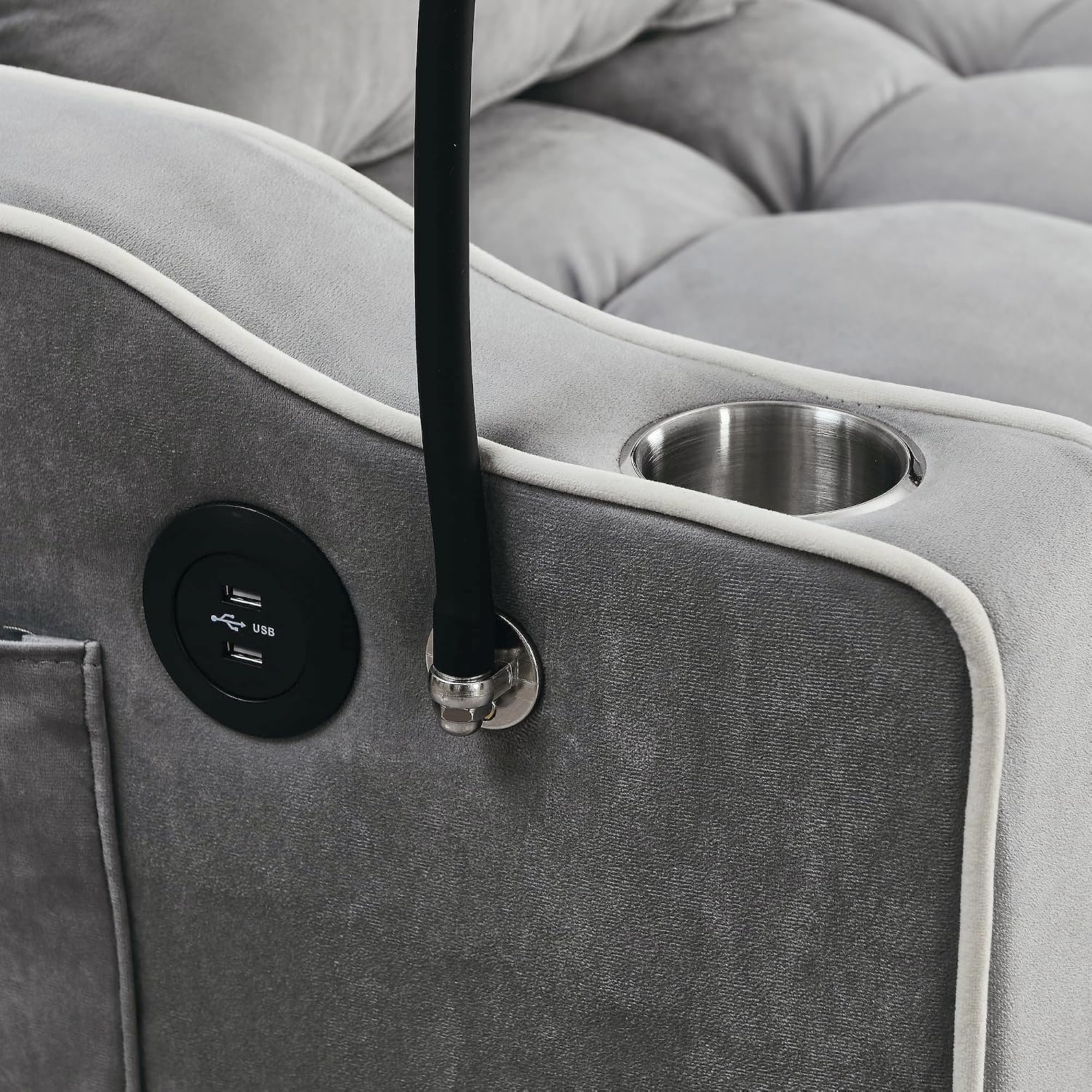 Merax Foldable Sofa Bed with 2 USB Charging Ports, Pull Out Velvet Loveseat Sleeper with Phone Holder, Modern Futon Couch with Cup Holders & Adjustable Backrest for Living Room,Grey