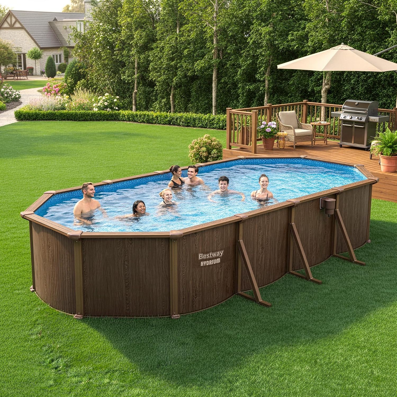 Bestway Hydrium 24' x 12' x 52' Above Ground Pool, Oval Steel Side Wall Frame Outdoor Swimming Pool Set with Sand Filter Pump, Ladder & Accessories
