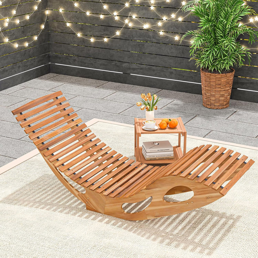 RELAX4LIFE Rocking Chaise Lounge Chair - Acacia Wood Sun Lounger w/Slatted Seat & Bottom Stopper, Indoor Outdoor Rocker for Pool Porch Patio, 350LBS Capacity, Wooden Rocking Lounge Chair (1, 23.5'')