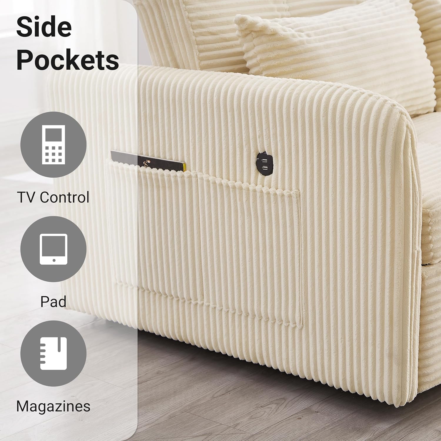 55.5' Corduroy Convertible Sofa Bed, Pull Out Sleeper Sofa Bed, Loveseat Couch with USB Charging Ports, 3 in 1 Convertible Sleeper Sofa Bed for Living Room, Apartment, Bedroom, RV, Beige