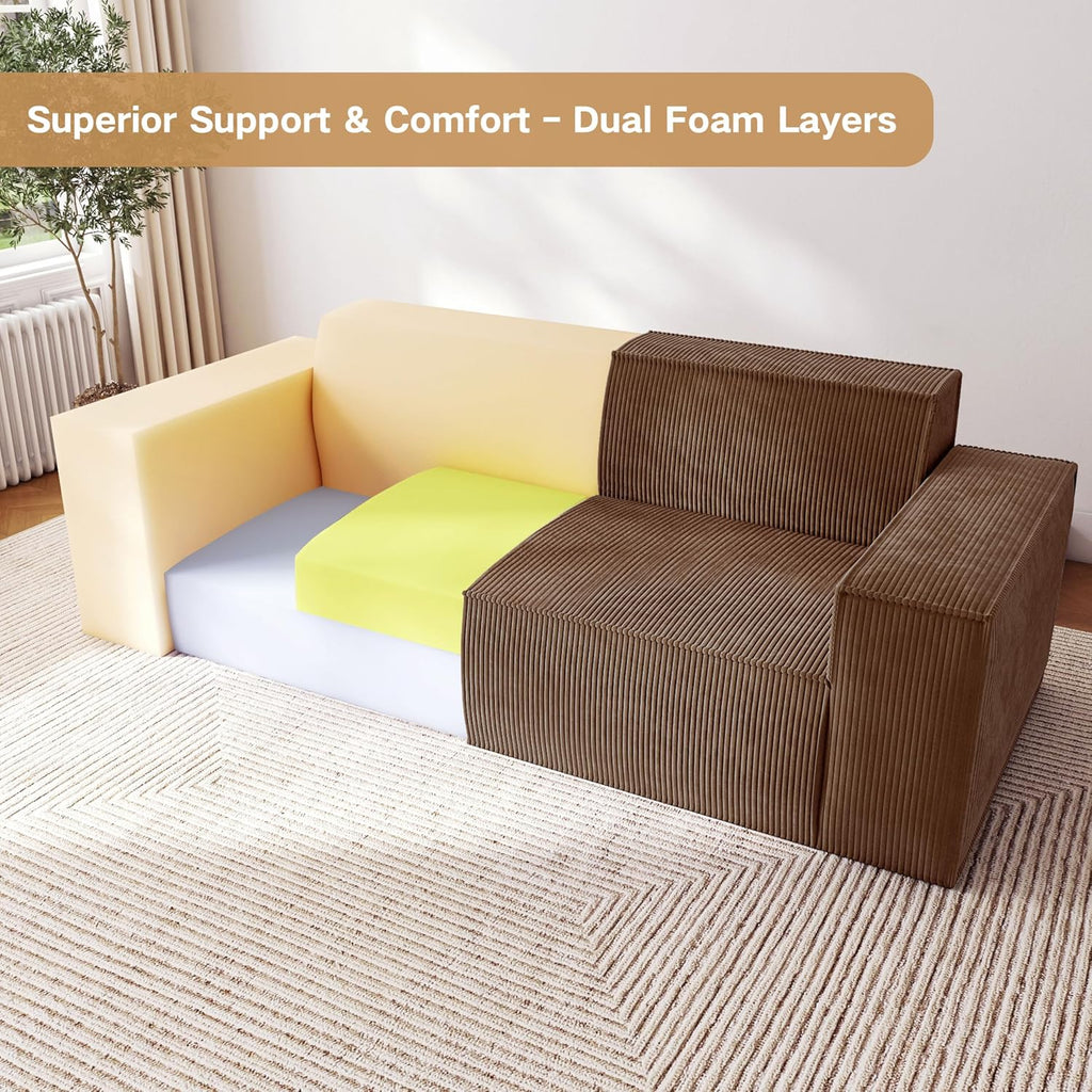 Swbvs Sofa-in-a-Box, Memory Foam 3-Seater Couch, No Installation & Easy to Transport, Deep Seat Modern Sofa with Corduroy Fabric, Couch for Living Room, Bedroom, Apartment, Home Office, Brown