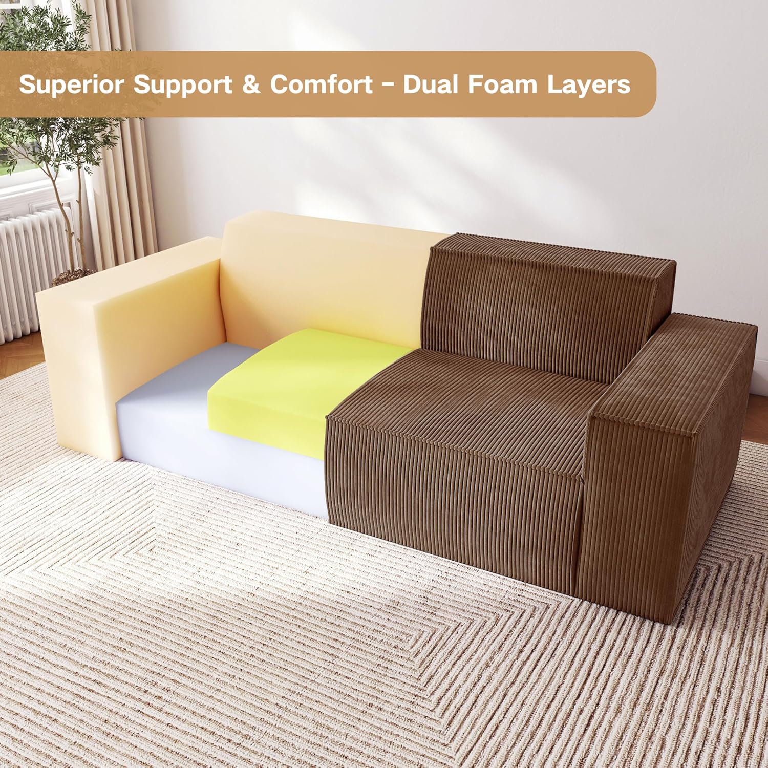 Swbvs Sofa-in-a-Box, Memory Foam 3-Seater Couch, No Installation & Easy to Transport, Deep Seat Modern Sofa with Corduroy Fabric, Couch for Living Room, Bedroom, Apartment, Home Office, Brown