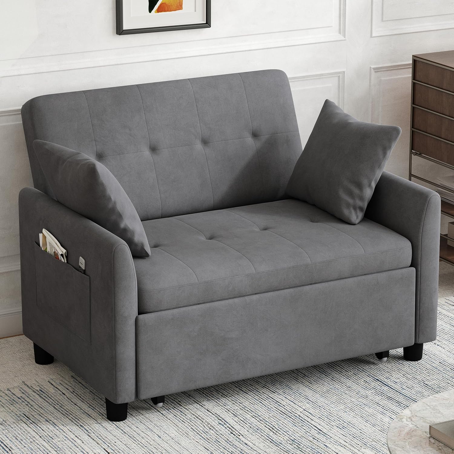Sleeper Sofa Bed, 3 in 1 Convertible Sleeper Couch Bed Pull Out, Small Loveseat Sofa, Futon Sofa Bed, 46' Velvet Love Seat with Pillow and Phone Holder for Living Room, Grey