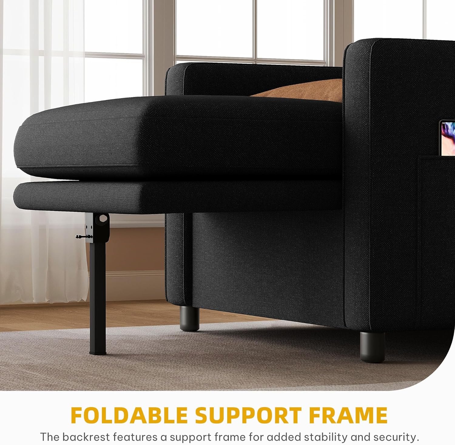 YITAHOME Convertible Sofa Chair Bed, 3-in-1 Sleeper Sofa with Pull-Out Bed, Linen Fabric Single Sleeper Chair with Reclining Backrest and Wide Armrest, Modern Lounge Sofa for Small Space, Black