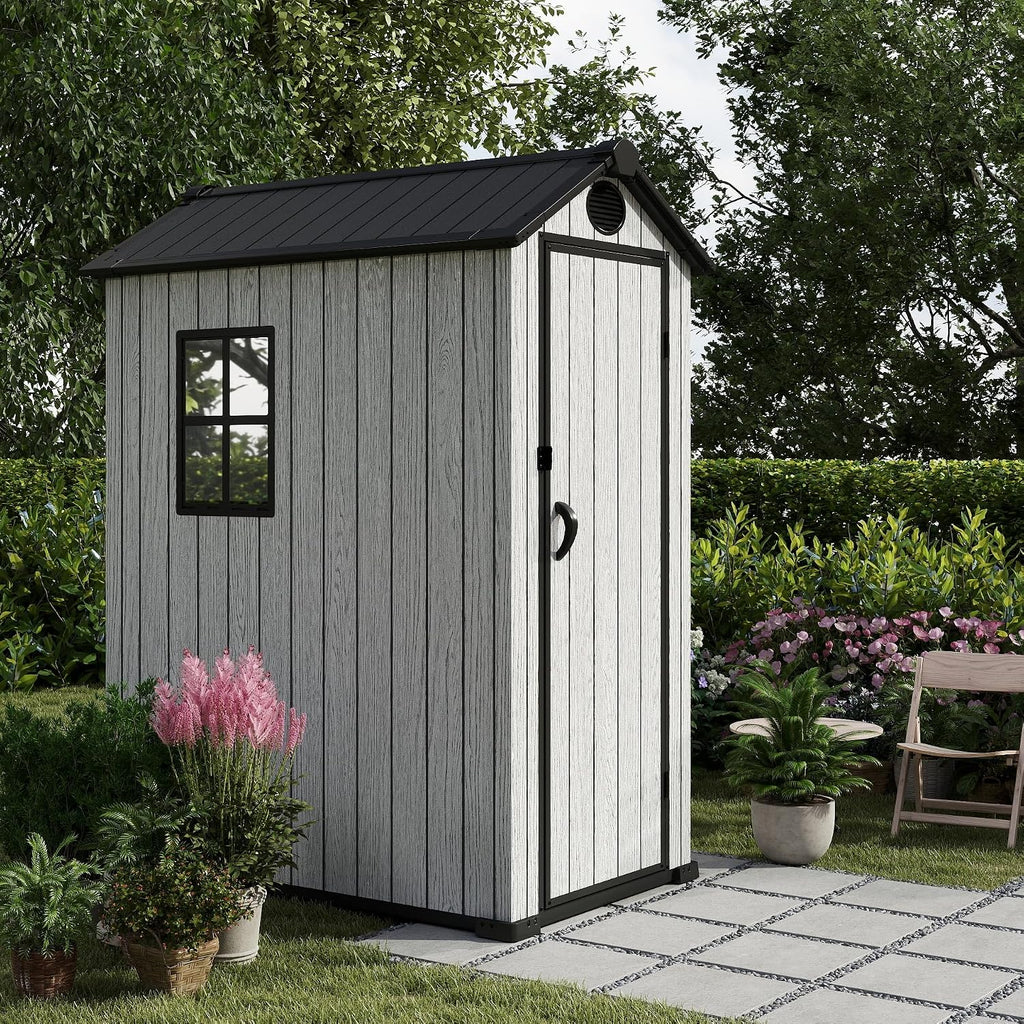 EHHLY Outdoor Storage Shed 3x5 FT, Resin Shed with Floor, Window & Vents, Waterproof Plastic Shed with Lockable Door for Backyard, Patio, Lawn, Gray