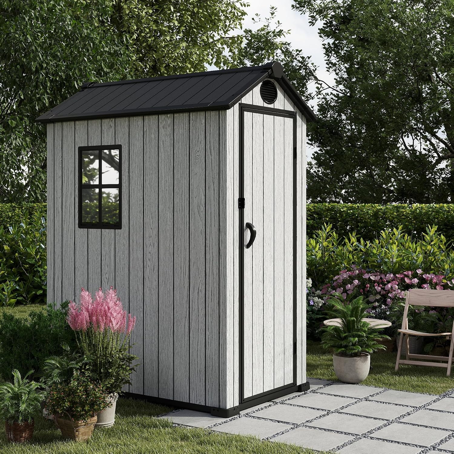EHHLY Outdoor Storage Shed 3x5 FT, Resin Shed with Floor, Window & Vents, Waterproof Plastic Shed with Lockable Door for Backyard, Patio, Lawn, Gray
