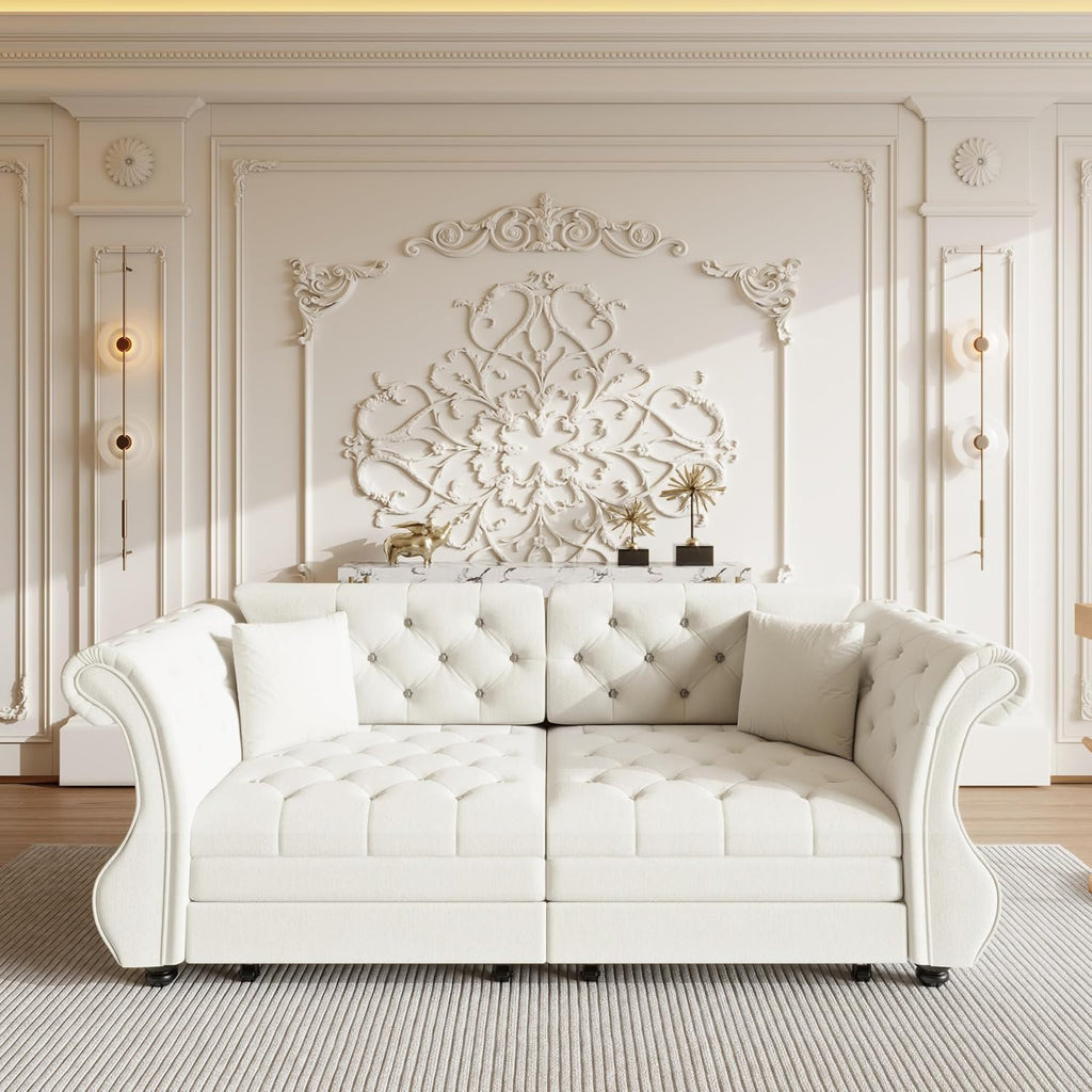 83.8' Oversized Pull Out Sofa Bed, Chesterfield Velvet Sleeper Sofa Couch with Roll Arm & Flower Tufting, Heavy Duty Metal Frame Convertible Sofa for Living Room, Apartment, Guest Room, Beige | Pull Out, Roll Arm, Flower Tufting, Convertible
