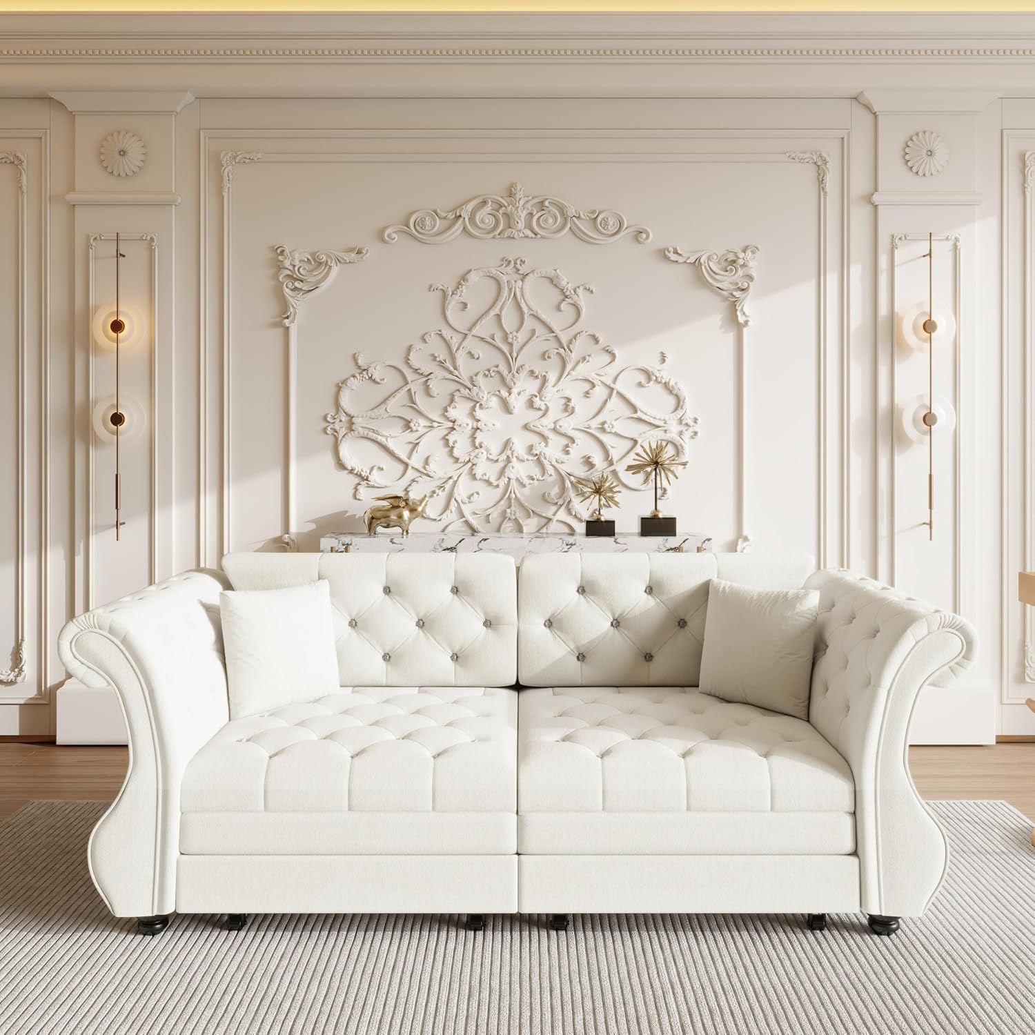 83.8' Oversized Pull Out Sofa Bed, Chesterfield Velvet Sleeper Sofa Couch with Roll Arm & Flower Tufting, Heavy Duty Metal Frame Convertible Sofa for Living Room, Apartment, Guest Room, Beige | Pull Out, Roll Arm, Flower Tufting, Convertible