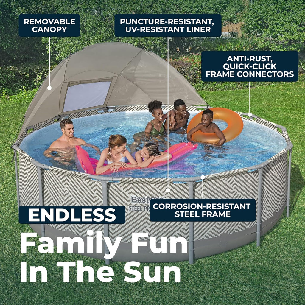 Bestway Steel Pro MAX 13' x 42' Above Ground Pool, Round Metal Frame Outdoor Swimming Pool Set with Canopy, Filter Pump, Ladder, and Cover, Taupe