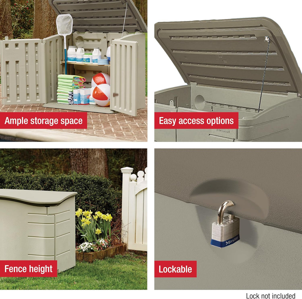 Rubbermaid Large Horizontal Resin Outdoor Storage Shed With Floor (5 x 4 Ft) Weather Resistant, Beige/Brown, Organization for Home/Backyard/Pool Chemicals/Toys/Garden Tools/Porch/Patio Cushions