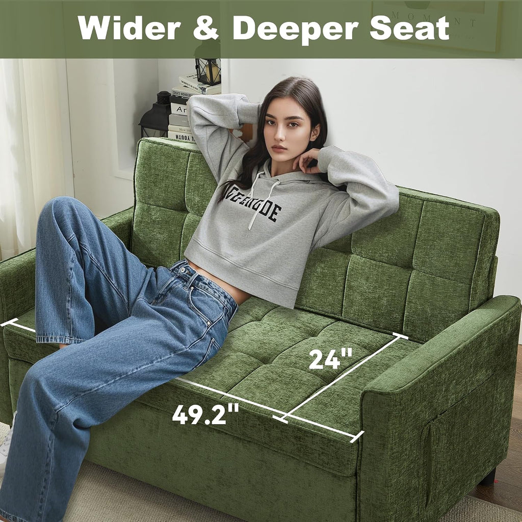 Tbfit 57' Loveseat Sleeper Convertible Sofa Bed, Futon Couch with Pullout Bed, USB & Adjustable Backrest, Chenille Queen Size Pull Out Couches for Living Room, Apartment, Office, Dorm, RV, Green