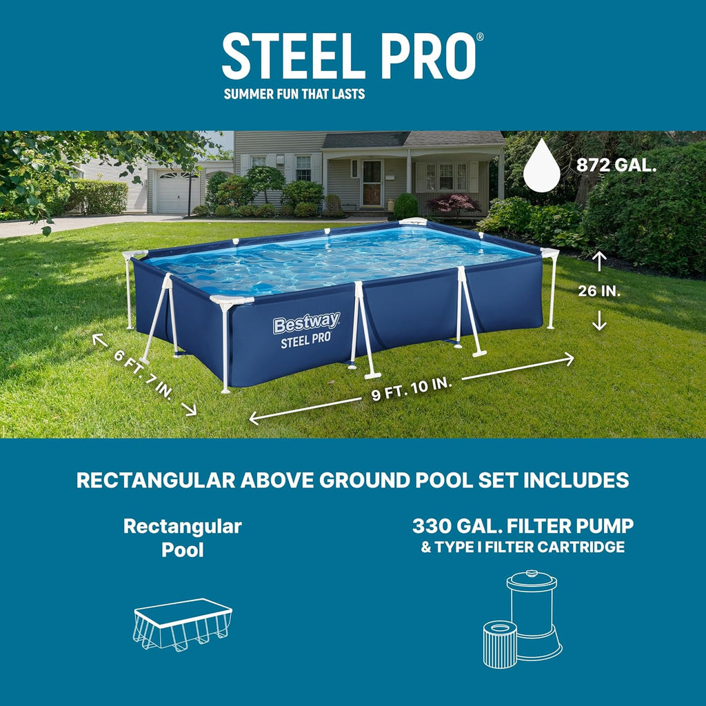 Bestway Steel Pro 9.8' x 6.6' x 26' Above Ground Pool, Rectangular Metal Frame Outdoor Swimming Pool Set with Filter Pump & Type I Cartridge, Blue