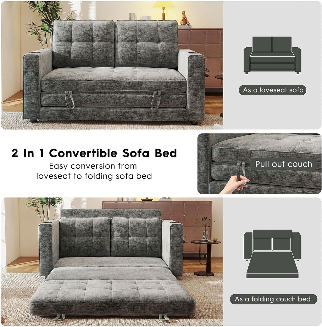55' Convertible Folding Sofa Bed, Pull Out Couch Love Seat Sleeper Bed, Small Fold Out Loveseat sleeper with Cup Holder and Pillow for Small Space, Bedroom Lounge, Dorm, Living Room(Grey Chenille)