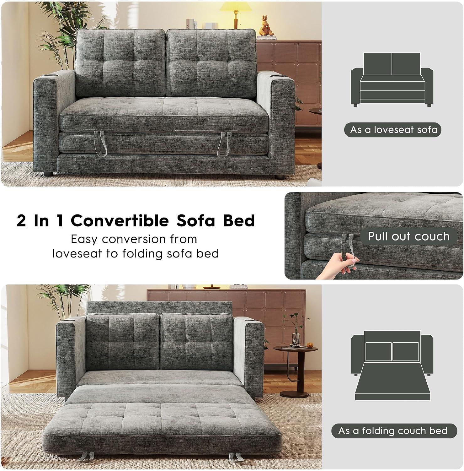 55' Convertible Folding Sofa Bed, Pull Out Couch Love Seat Sleeper Bed, Small Fold Out Loveseat sleeper with Cup Holder and Pillow for Small Space, Bedroom Lounge, Dorm, Living Room(Grey Chenille)