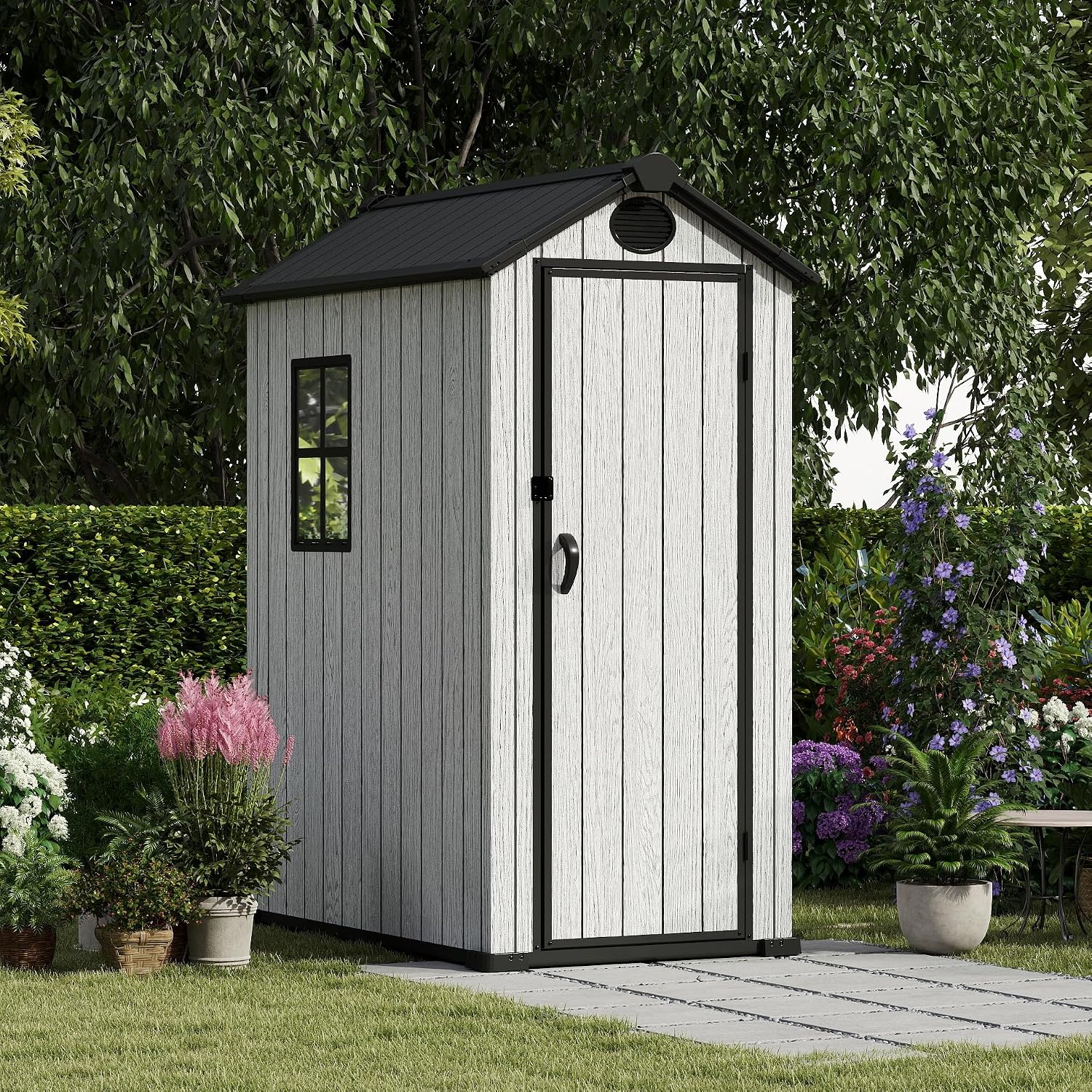 EHHLY Outdoor Storage Shed 3x5 FT, Resin Shed with Floor, Window & Vents, Waterproof Plastic Shed with Lockable Door for Backyard, Patio, Lawn, Gray