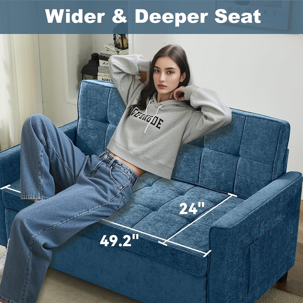 Tbfit 57' Love Seat Sleeper Bed, Convertible Pull Out Couch Bed, Chenille Loveseat Sofa Bed with USB & Adjustable Backrest, Full Size Pull Out Couches for Living Room, Apartment, Office, Dorm, Blue