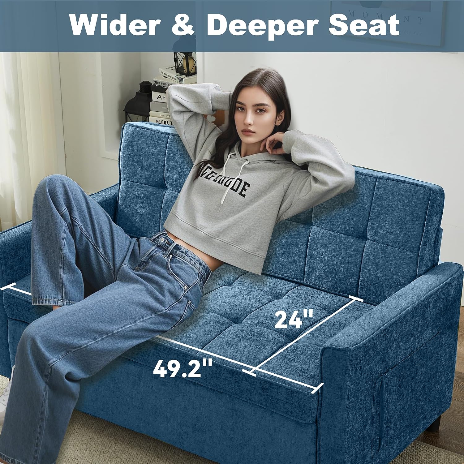 Tbfit 57' Love Seat Sleeper Bed, Convertible Pull Out Couch Bed, Chenille Loveseat Sofa Bed with USB & Adjustable Backrest, Full Size Pull Out Couches for Living Room, Apartment, Office, Dorm, Blue