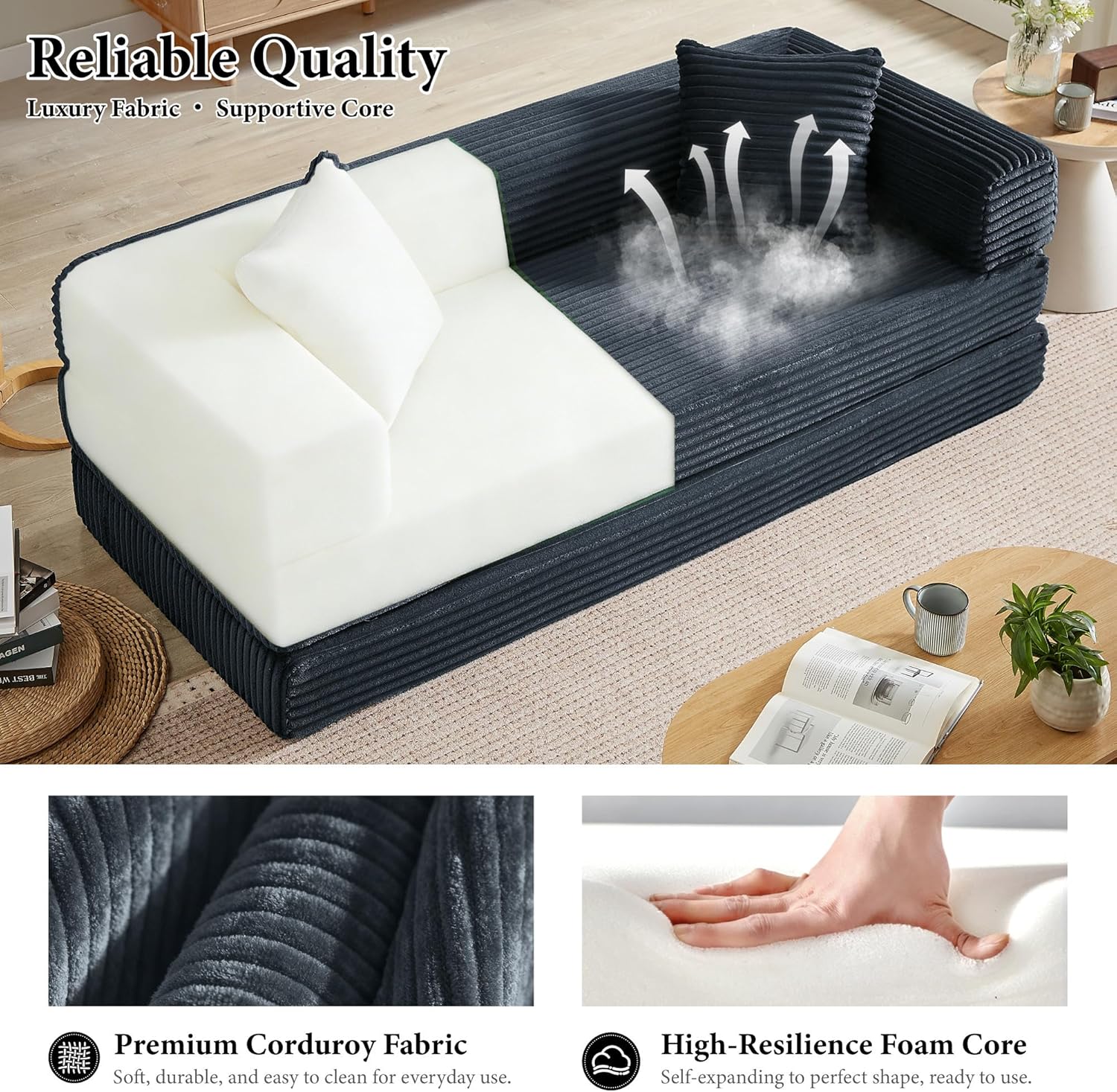 Boneless Couch Futon Sofa Bed Sectional Couches for Living Room,Cloud Couch with Sleeper Sofa,Sofas for Living Room Oversized Corduroy Upholstered (Gray, 76 Inches (No Iron Frame))