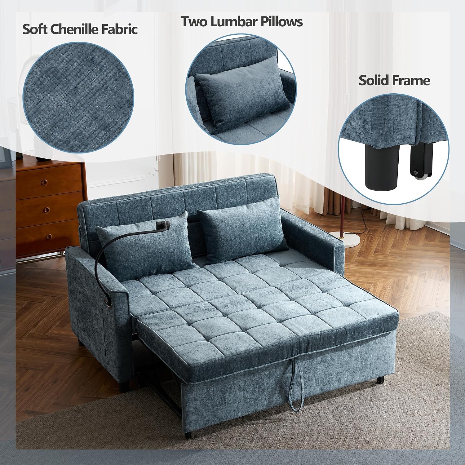 Merax Pull-Out Sleeper Sofa Bed with Reversible Backrest and Two Throw Pillows, 3 in 1 Foton Couch with USB Ports & Phone Holder, Chenille Loveseat for Living Room, Blue
