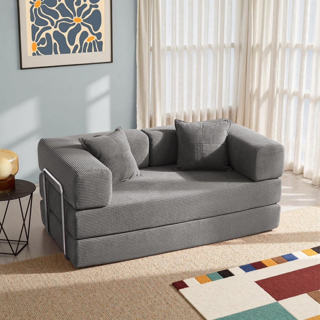 YINIX Foldable Sofa Bed, 62'' Folding Floor Couch, Compressed Convertable Sleeper Sofa, Memory Foam Couch with Pillow Back Support Armrest, 4-in-1 Futon Sofa Bed for Living Room, Light Gray