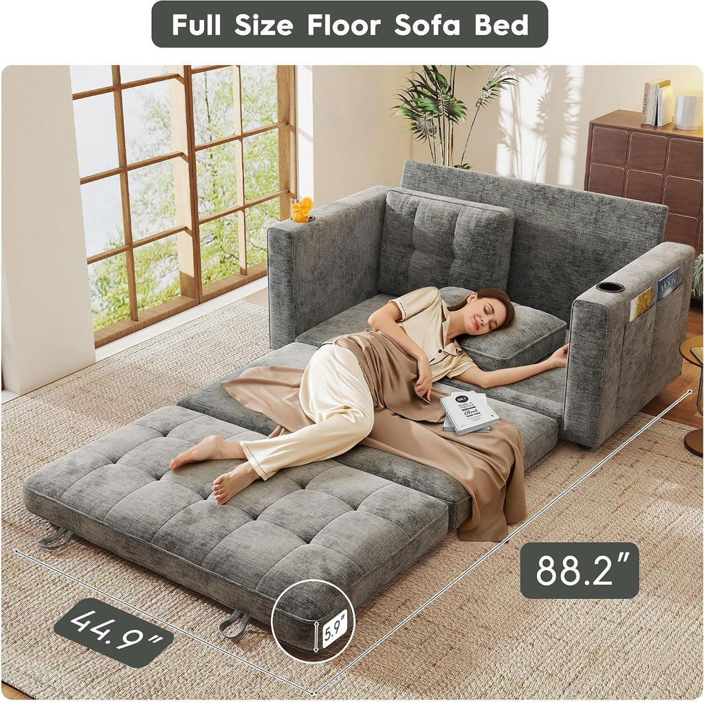55' Convertible Folding Sofa Bed, Pull Out Couch Love Seat Sleeper Bed, Small Fold Out Loveseat sleeper with Cup Holder and Pillow for Small Space, Bedroom Lounge, Dorm, Living Room(Grey Chenille)