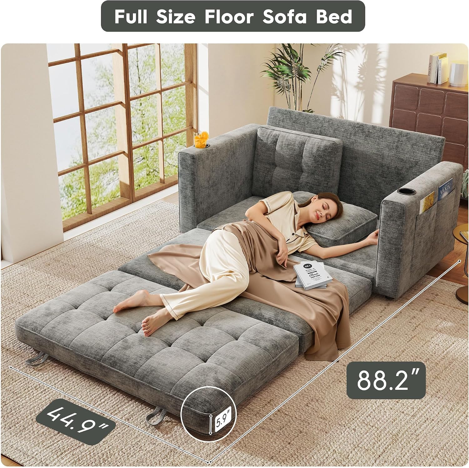55' Convertible Folding Sofa Bed, Pull Out Couch Love Seat Sleeper Bed, Small Fold Out Loveseat sleeper with Cup Holder and Pillow for Small Space, Bedroom Lounge, Dorm, Living Room(Grey Chenille)